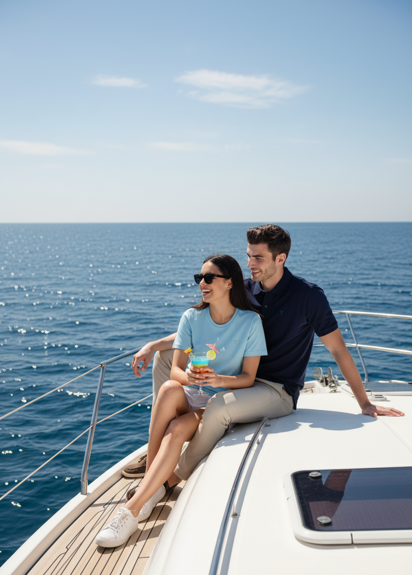 Two people sitting on a boat deck with blue water and sky in the background wearing Tivro Polo Tshirts